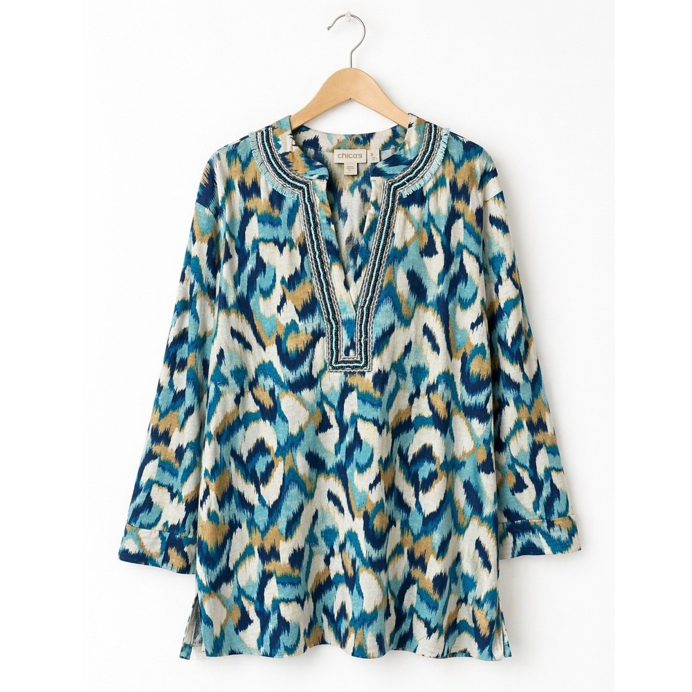 Chico's Tunic Top Women XL Blue Ikat Beaded Neck Linen Blend Embroidered Boho